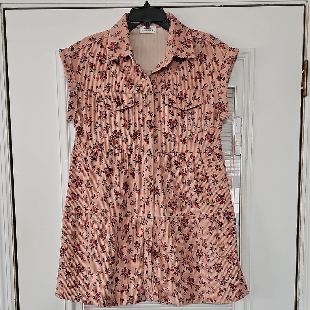 Woman Within Pink Floral Button-Front Shirt Dress